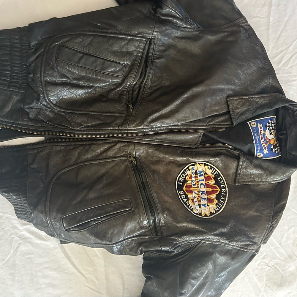 Disney Black Leather Bomber Jacket with Embroidered Mickey Patch